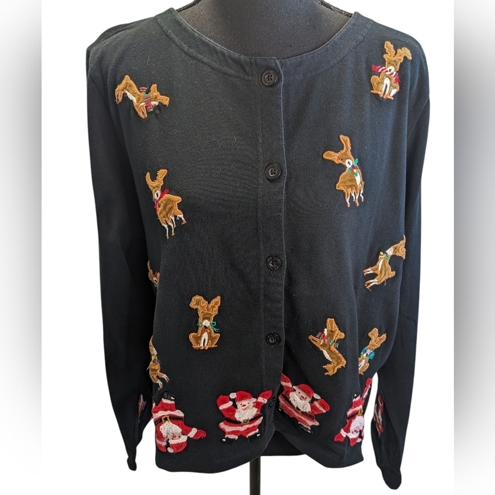 Michael Simon Black Cardigan with Reindeer and Santa Embroidery Lagenlook Size L